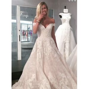 Off-the-shoulder sweep train Champagne Wedding Dress