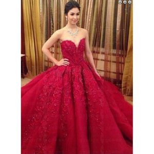 Gorgeous Sweetheart Court Train Organza Red Wedding Dress with Beading Appliques