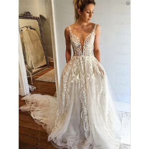 Sheer lace from the waist up Champagne Wedding Dress